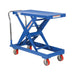 Blue adjustable height platform cart with wheels, measuring 20.5" W x 49.25" D x 34" H, supports up to 500 lbs.