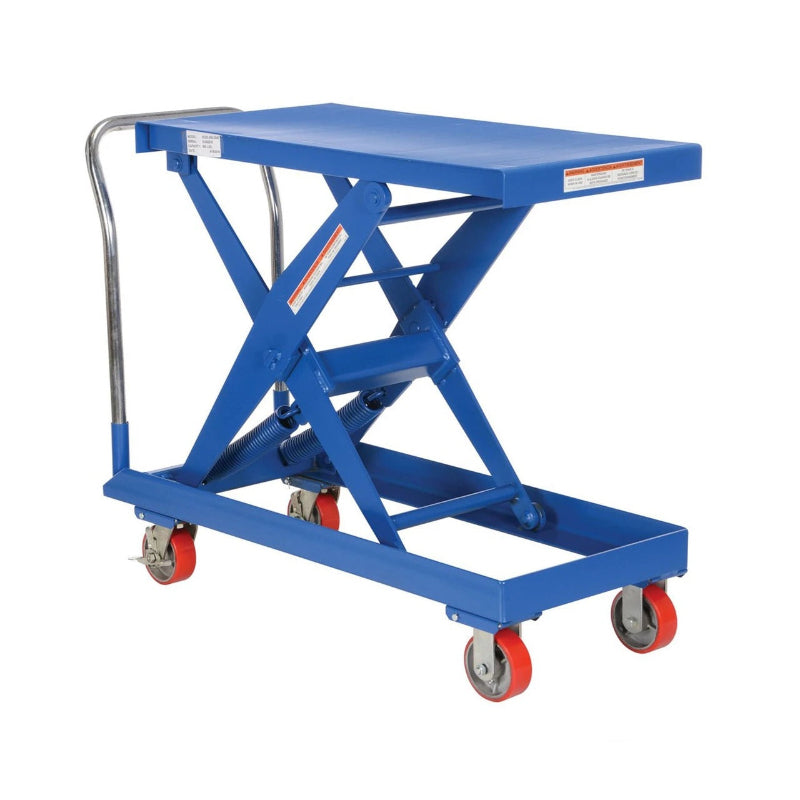 Blue adjustable height platform cart with wheels, measuring 20.5" W x 49.25" D x 34" H, supports up to 500 lbs.
