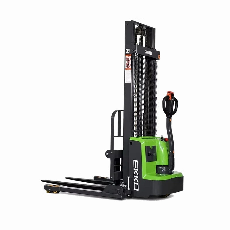 EKKO EB13ES-145Li three-quarter view with forks lowered.