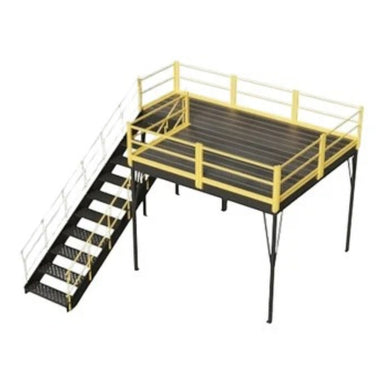 Yellow and black metal mezzanine platform with bar grating and OSHA-approved stairway, dimensions 120" W x 240" D x 144" H.