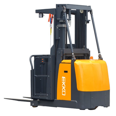 A forklift truck with a yellow and orange handle, designed for lifting up to 2200 lbs and a maximum height of 196 inches.
