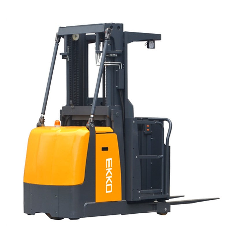 Forklift truck equipped with a yellow and orange handle, capable of lifting loads up to 2200 lbs to a height of 196 inches.