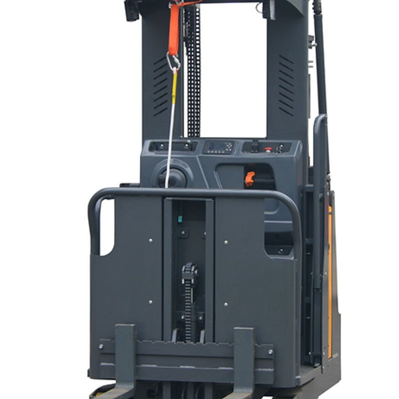 A forklift featuring a yellow and orange handle, with a lifting capacity of 2200 lbs and a maximum elevation of 196 inches.