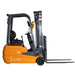  EKKO EK16A-177 forklift, featuring three wheels, 3500 lbs capacity, and a 177-inch lift, shown in operation.