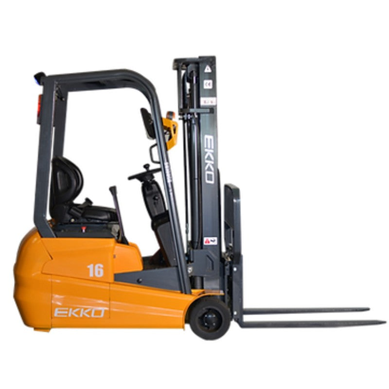  EKKO EK16A-177 forklift, featuring three wheels, 3500 lbs capacity, and a 177-inch lift, shown in operation.