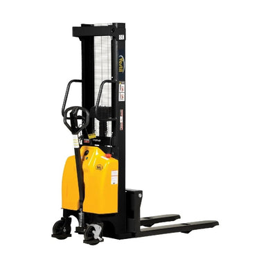  Yellow and black skid loader forklift on a white background, showcasing its 3.375"–118" lift range and skid-only design.