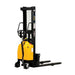  Yellow and black skid loader forklift on a white background, showcasing its 3.375"–118" lift range and skid-only design.