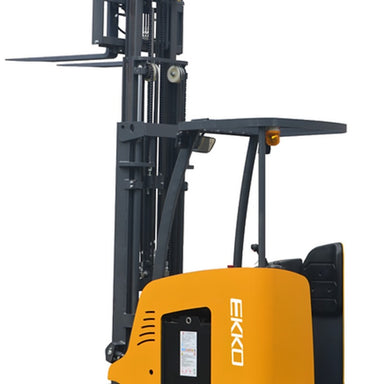 EKKO EK18RFL stand-up rider forklift, capable of lifting 4000 lbs to a height of 189 inches, prominently displaying "EKKO.