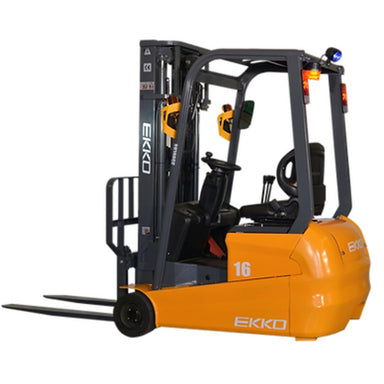  A 3-wheel forklift, EKKO EK16A-138, capable of lifting 3500 lbs with a 138-inch lift, displayed on a black background.
